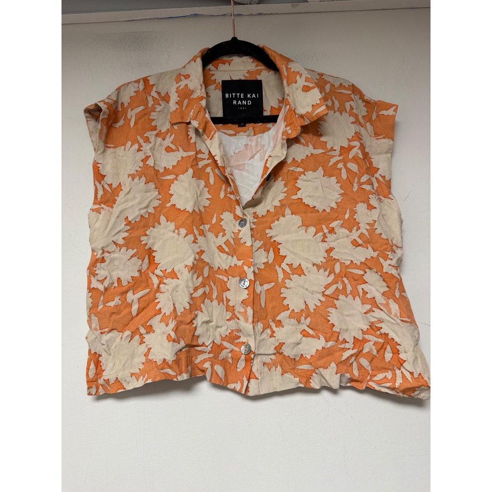 Bitte Kai Rand Button‎ Down Top Womens Medium Orange Cream Excellent Floral